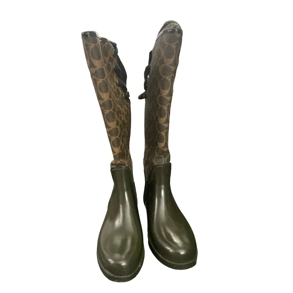 Coach Signature C Logo Rubber Rain Boots Olive Green Lace Up Side Women7